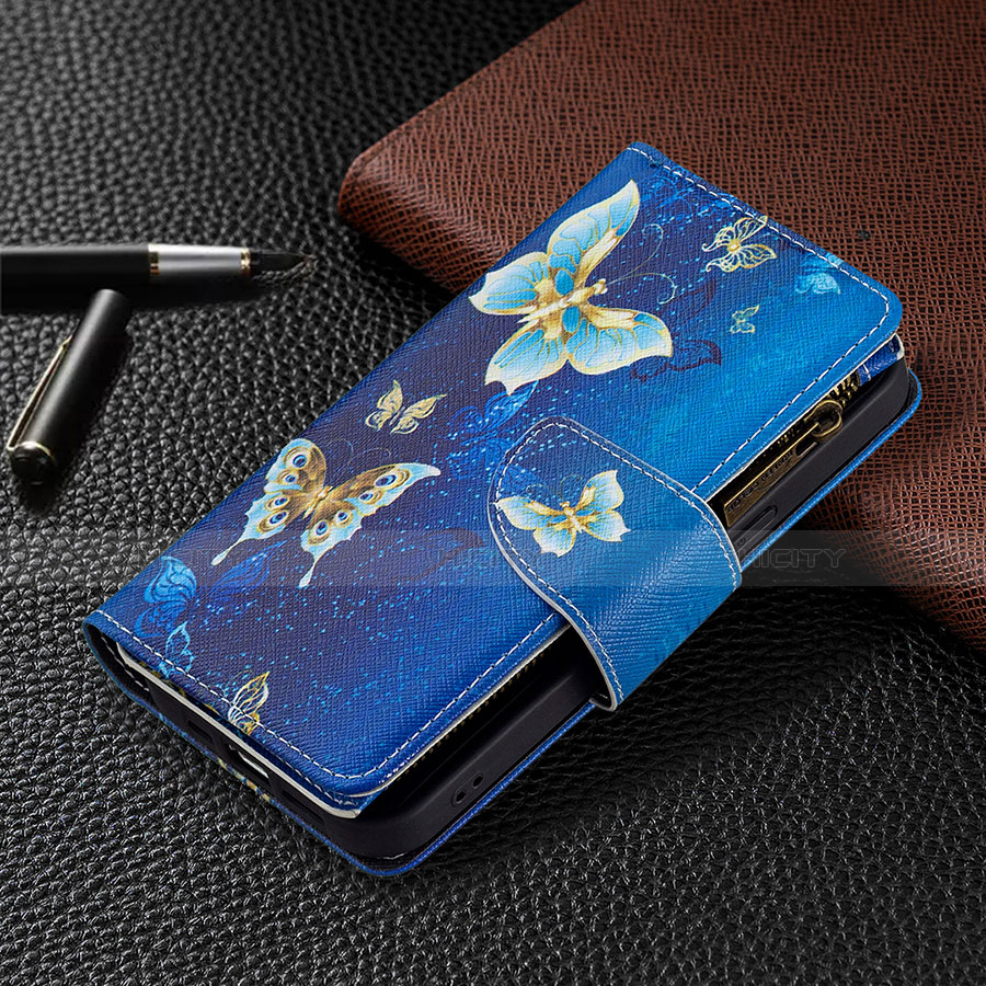 Coque Portefeuille Papillon Livre Cuir Etui Clapet pour Apple iPhone 13 Pro Bleu Plus