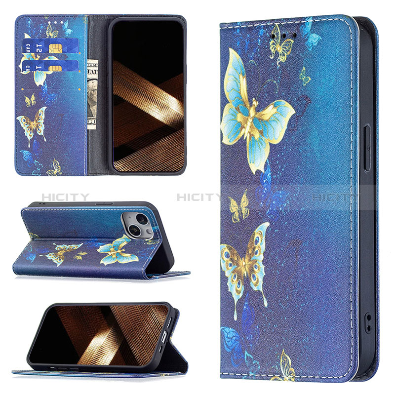 Coque Portefeuille Papillon Livre Cuir Etui Clapet pour Apple iPhone 15 Plus Bleu Plus