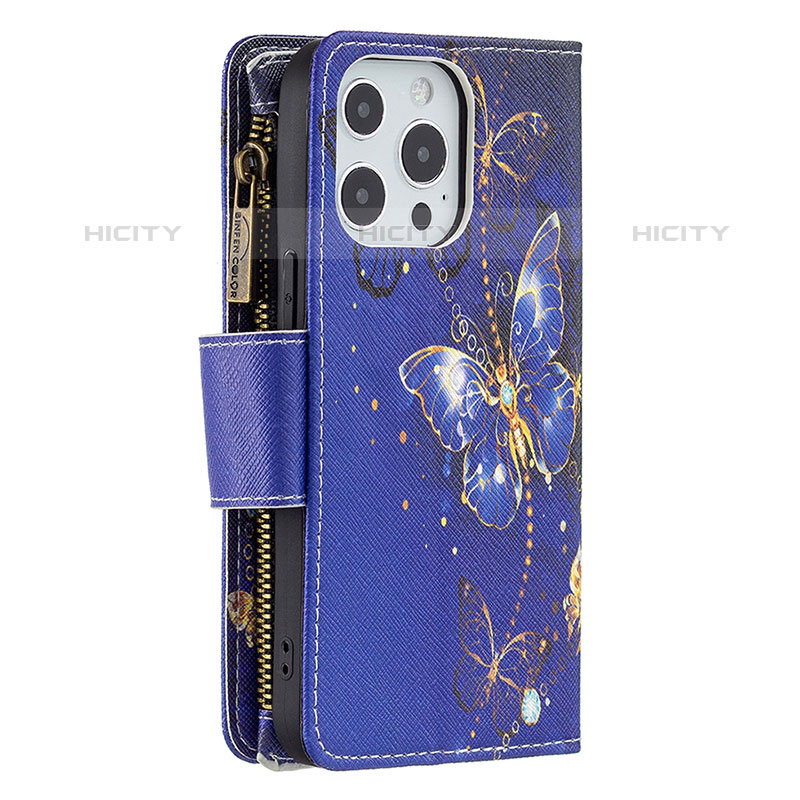 Coque Portefeuille Papillon Livre Cuir Etui Clapet pour Apple iPhone 15 Pro Bleu Royal Plus