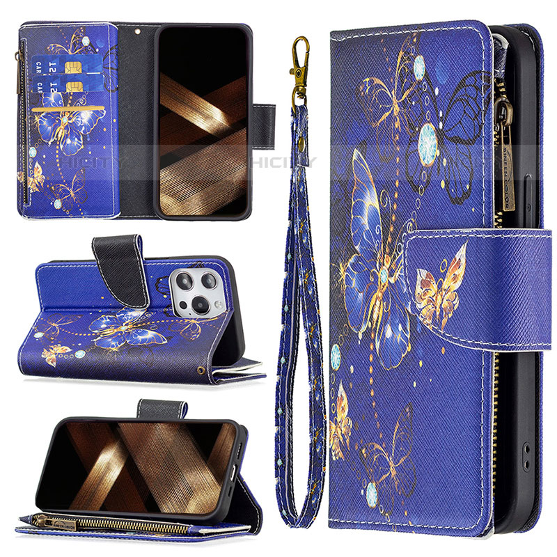 Coque Portefeuille Papillon Livre Cuir Etui Clapet pour Apple iPhone 15 Pro Bleu Royal Plus