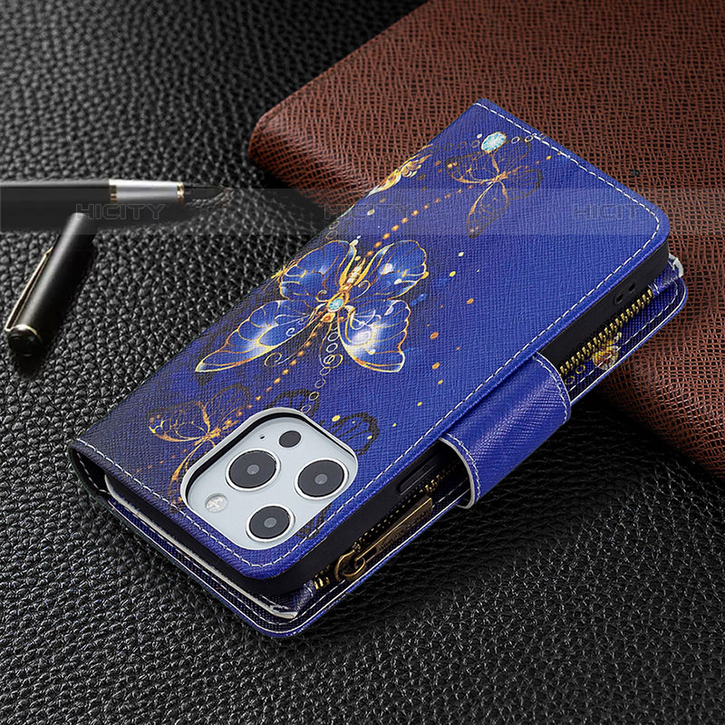 Coque Portefeuille Papillon Livre Cuir Etui Clapet pour Apple iPhone 15 Pro Bleu Royal Plus