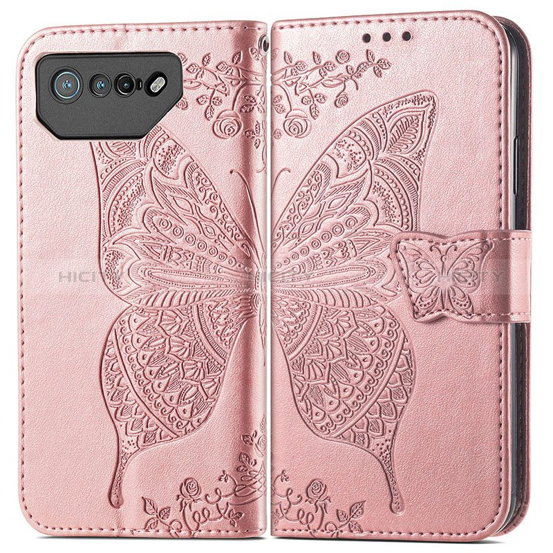 Coque Portefeuille Papillon Livre Cuir Etui Clapet pour Asus ROG Phone 7 Or Rose Plus