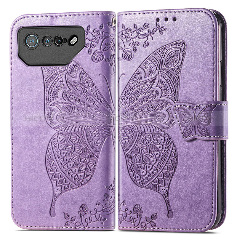 Coque Portefeuille Papillon Livre Cuir Etui Clapet pour Asus ROG Phone 7 Pro Violet Clair Plus