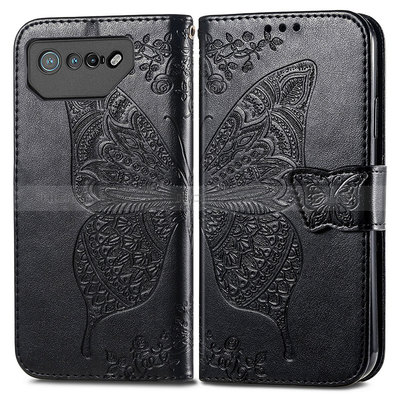 Coque Portefeuille Papillon Livre Cuir Etui Clapet pour Asus ROG Phone 7 Ultimate Noir Plus