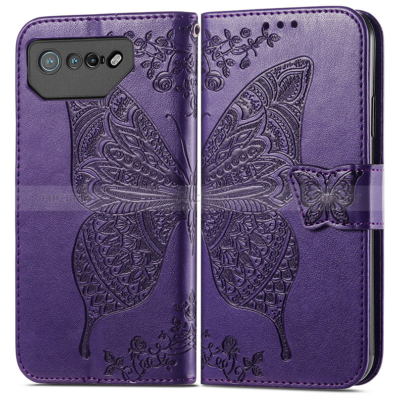 Coque Portefeuille Papillon Livre Cuir Etui Clapet pour Asus ROG Phone 7 Ultimate Violet Plus