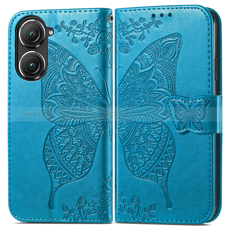 Coque Portefeuille Papillon Livre Cuir Etui Clapet pour Asus Zenfone 9 Bleu Plus