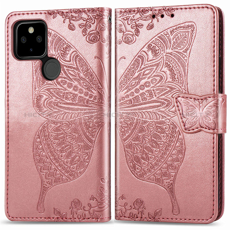 Coque Portefeuille Papillon Livre Cuir Etui Clapet pour Google Pixel 5 Or Rose Plus