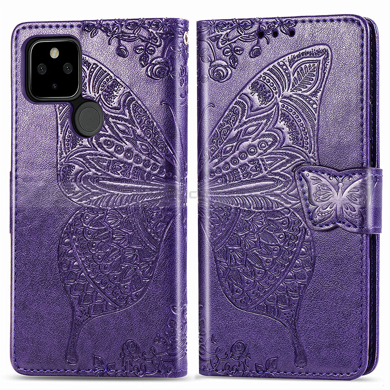 Coque Portefeuille Papillon Livre Cuir Etui Clapet pour Google Pixel 5 Violet Plus