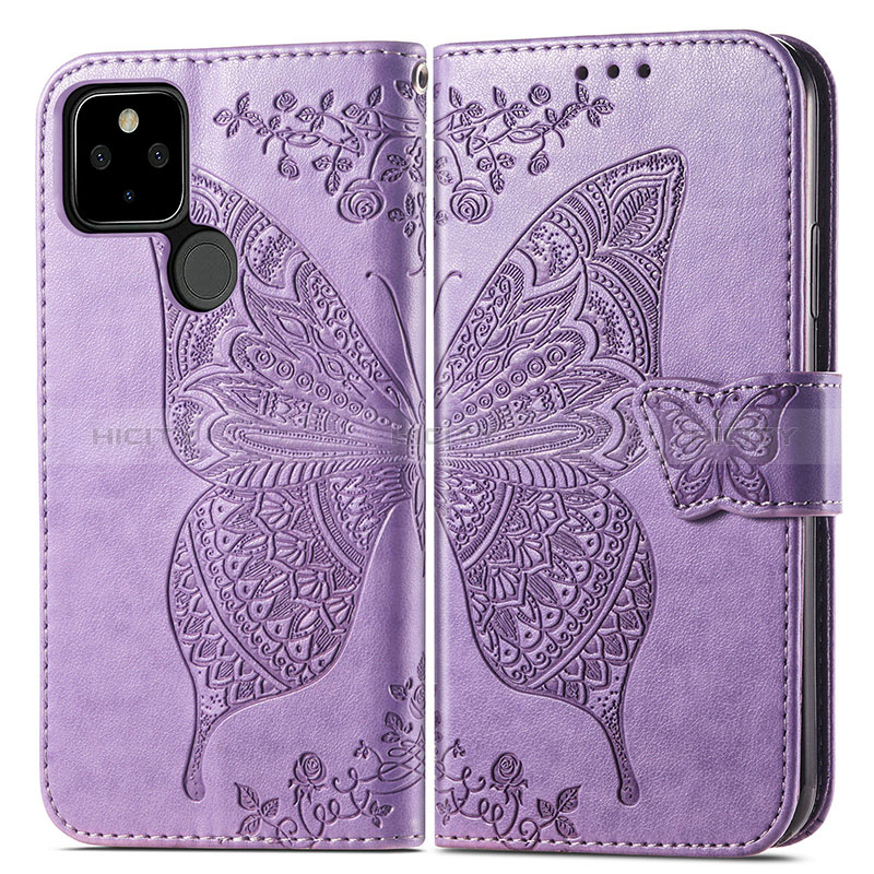 Coque Portefeuille Papillon Livre Cuir Etui Clapet pour Google Pixel 5a 5G Violet Clair Plus