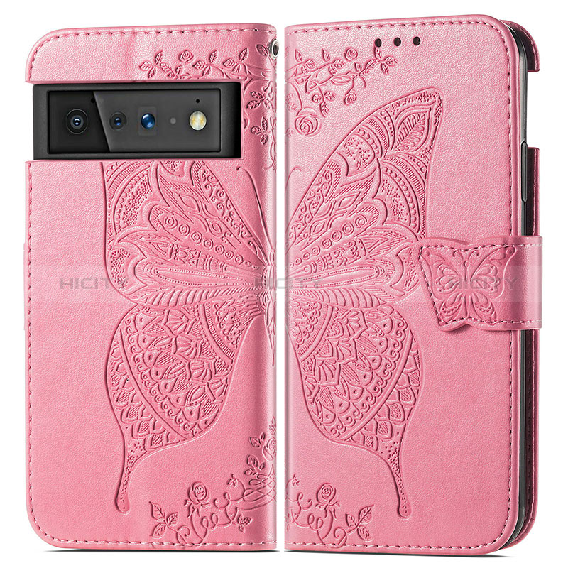 Coque Portefeuille Papillon Livre Cuir Etui Clapet pour Google Pixel 6 5G Rose Rouge Plus