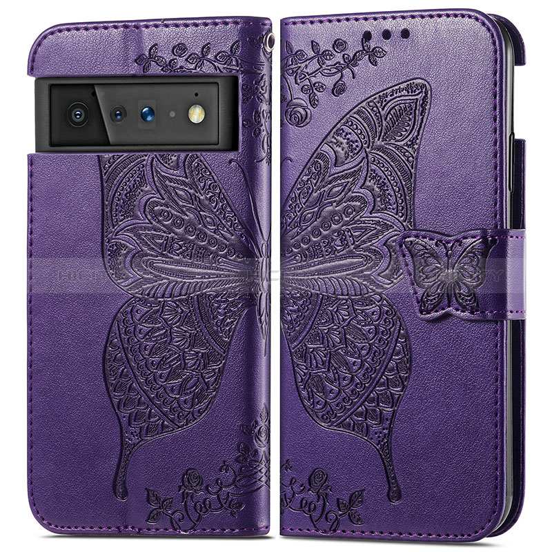 Coque Portefeuille Papillon Livre Cuir Etui Clapet pour Google Pixel 6 Pro 5G Violet Plus