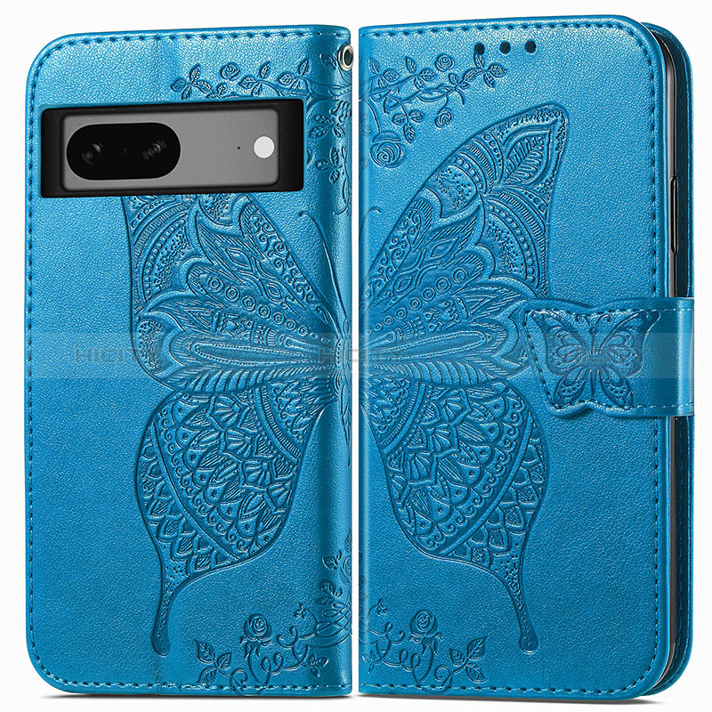 Coque Portefeuille Papillon Livre Cuir Etui Clapet pour Google Pixel 7 5G Bleu Plus