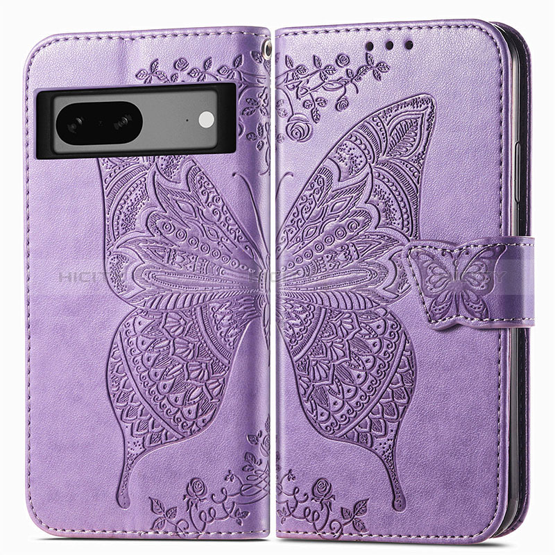 Coque Portefeuille Papillon Livre Cuir Etui Clapet pour Google Pixel 7 5G Violet Clair Plus