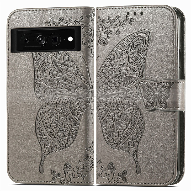 Coque Portefeuille Papillon Livre Cuir Etui Clapet pour Google Pixel 7 Pro 5G Gris Plus