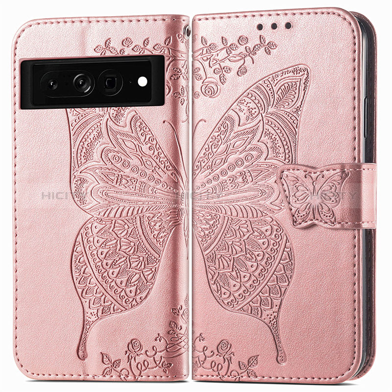 Coque Portefeuille Papillon Livre Cuir Etui Clapet pour Google Pixel 7 Pro 5G Or Rose Plus