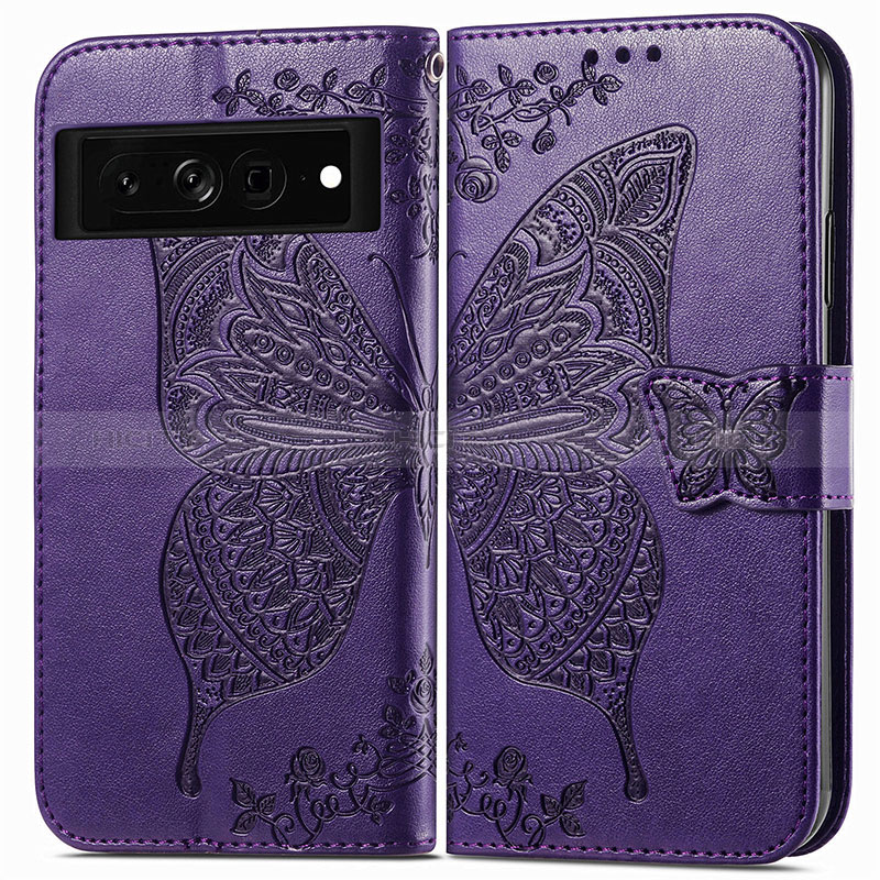 Coque Portefeuille Papillon Livre Cuir Etui Clapet pour Google Pixel 7 Pro 5G Violet Plus