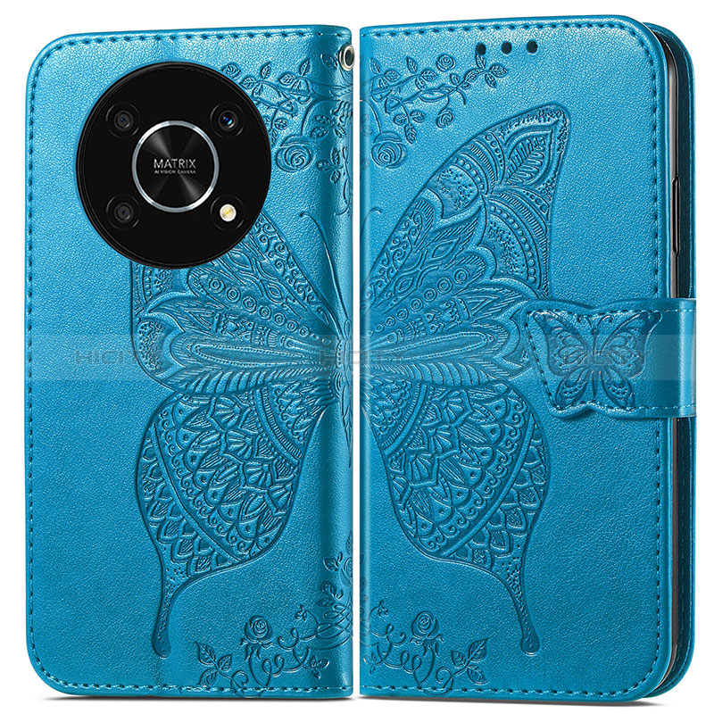 Coque Portefeuille Papillon Livre Cuir Etui Clapet pour Huawei Enjoy 50 Pro Bleu Plus