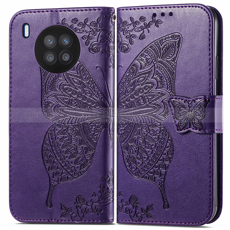 Coque Portefeuille Papillon Livre Cuir Etui Clapet pour Huawei Honor 50 Lite Violet Plus