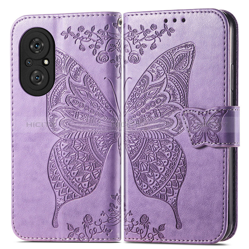 Coque Portefeuille Papillon Livre Cuir Etui Clapet pour Huawei Honor 50 SE 5G Violet Clair Plus