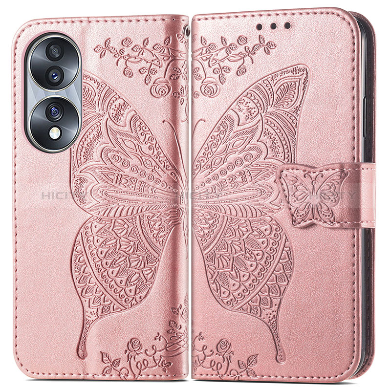 Coque Portefeuille Papillon Livre Cuir Etui Clapet pour Huawei Honor 70 5G Or Rose Plus