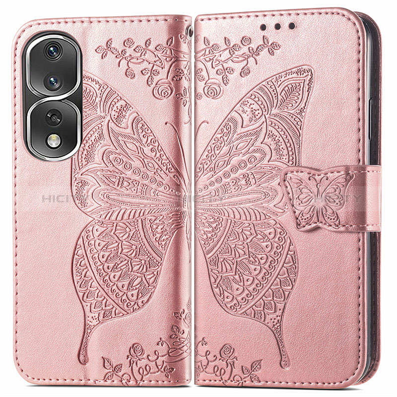 Coque Portefeuille Papillon Livre Cuir Etui Clapet pour Huawei Honor 80 Pro 5G Or Rose Plus