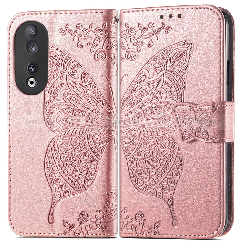 Coque Portefeuille Papillon Livre Cuir Etui Clapet pour Huawei Honor 90 5G Or Rose Plus