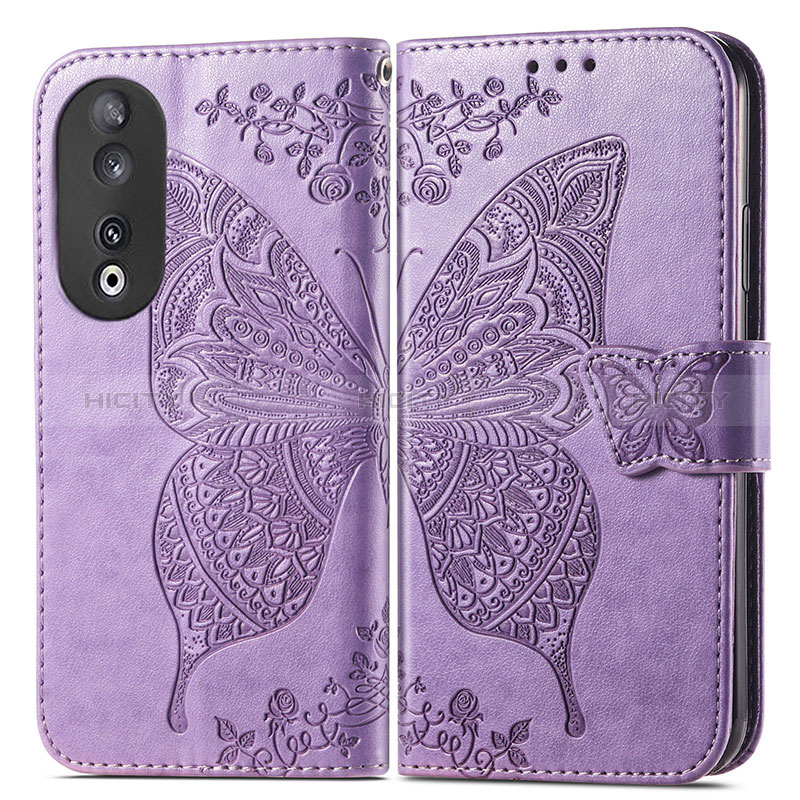 Coque Portefeuille Papillon Livre Cuir Etui Clapet pour Huawei Honor 90 5G Violet Clair Plus