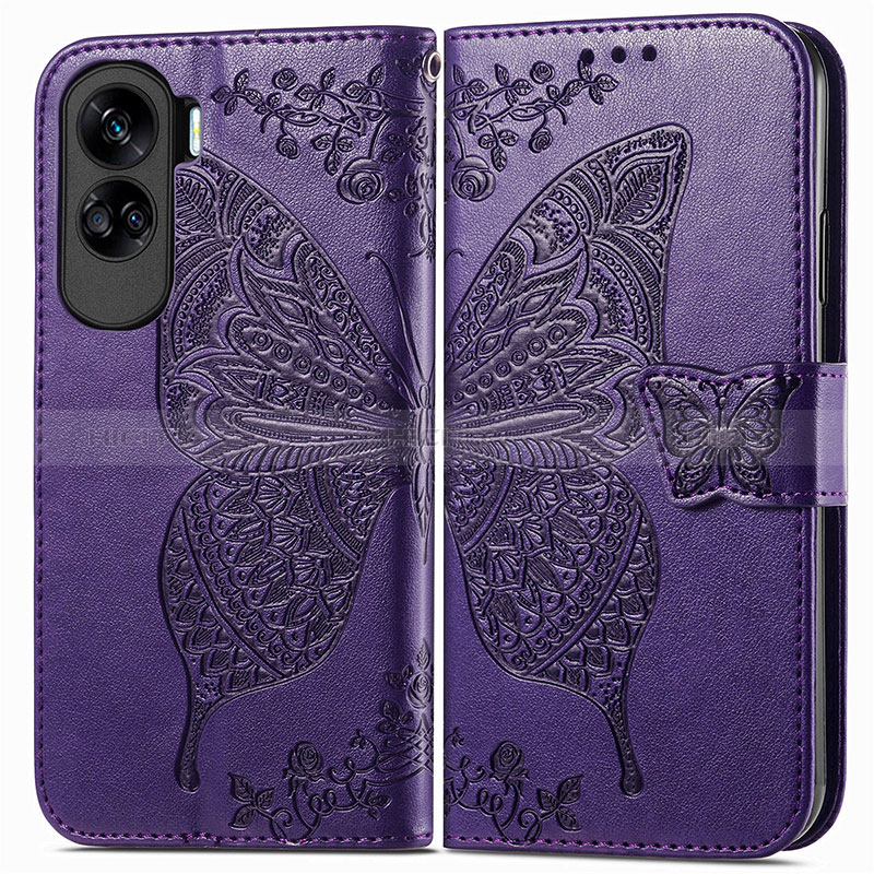 Coque Portefeuille Papillon Livre Cuir Etui Clapet pour Huawei Honor 90 Lite 5G Violet Plus