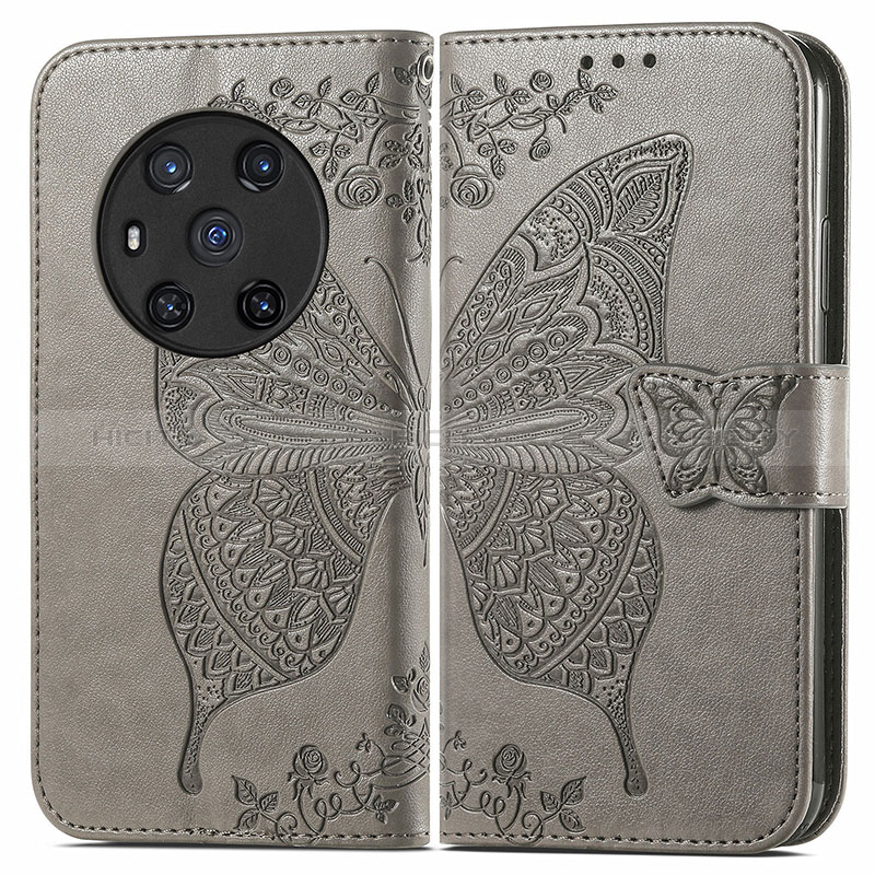 Coque Portefeuille Papillon Livre Cuir Etui Clapet pour Huawei Honor Magic3 5G Gris Plus