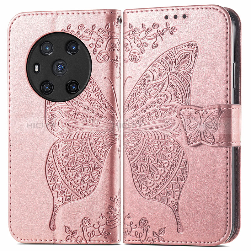 Coque Portefeuille Papillon Livre Cuir Etui Clapet pour Huawei Honor Magic3 5G Or Rose Plus