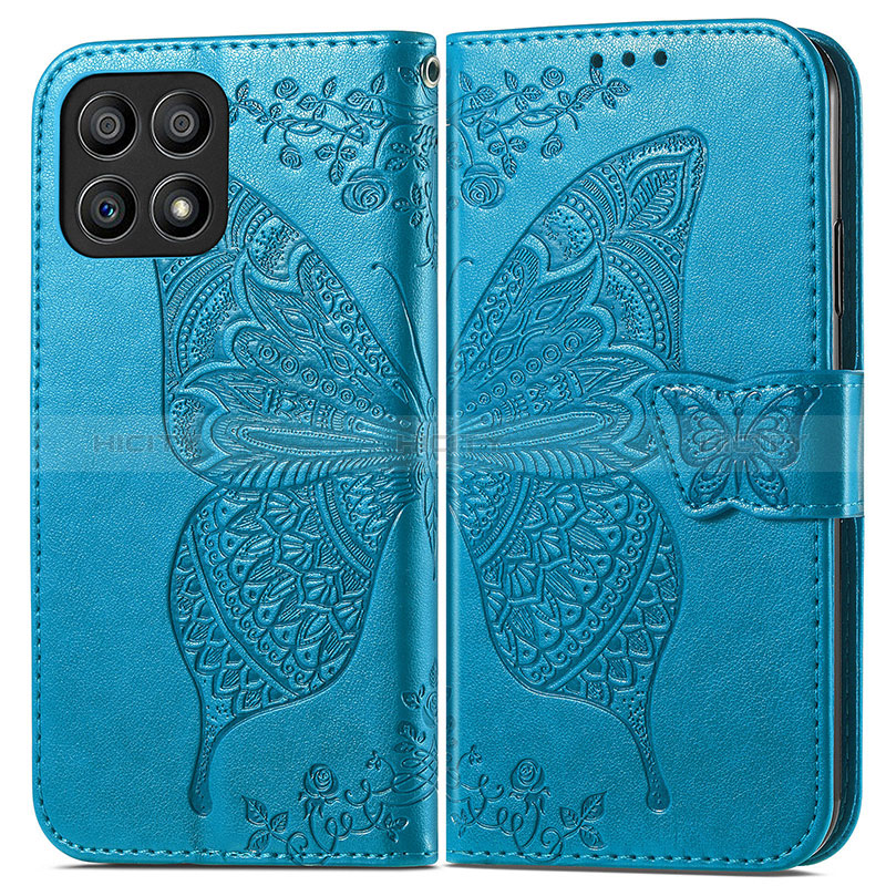 Coque Portefeuille Papillon Livre Cuir Etui Clapet pour Huawei Honor X30i Bleu Plus