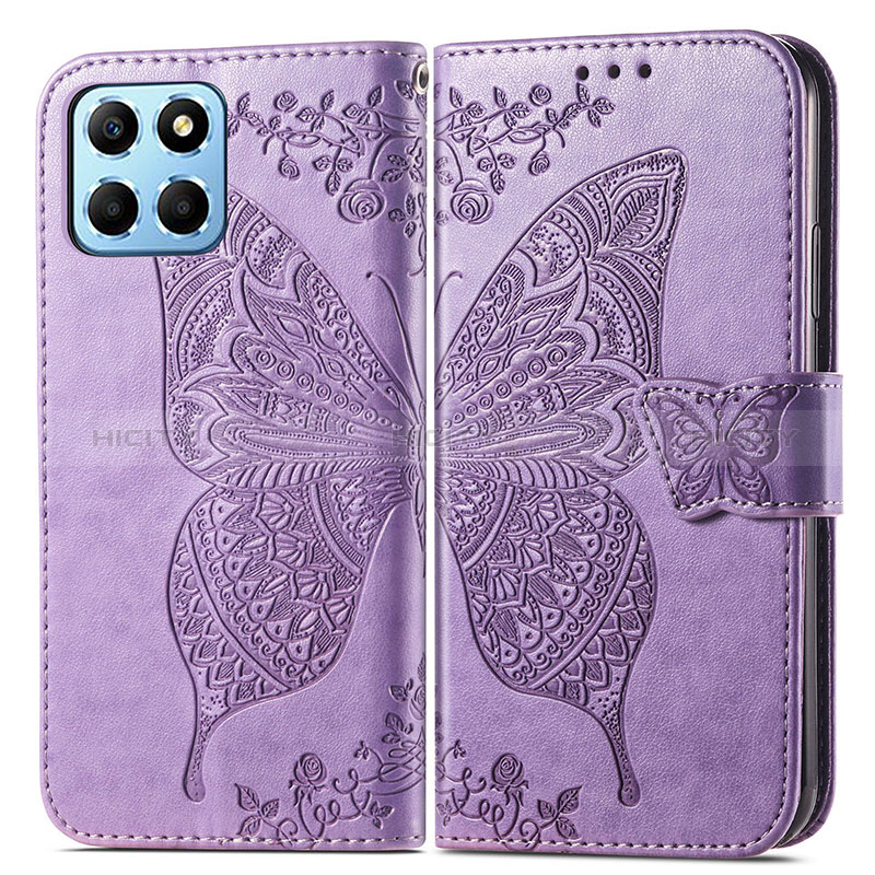 Coque Portefeuille Papillon Livre Cuir Etui Clapet pour Huawei Honor X6 5G Violet Clair Plus