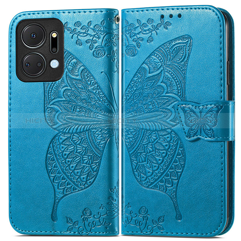 Coque Portefeuille Papillon Livre Cuir Etui Clapet pour Huawei Honor X7a Bleu Plus