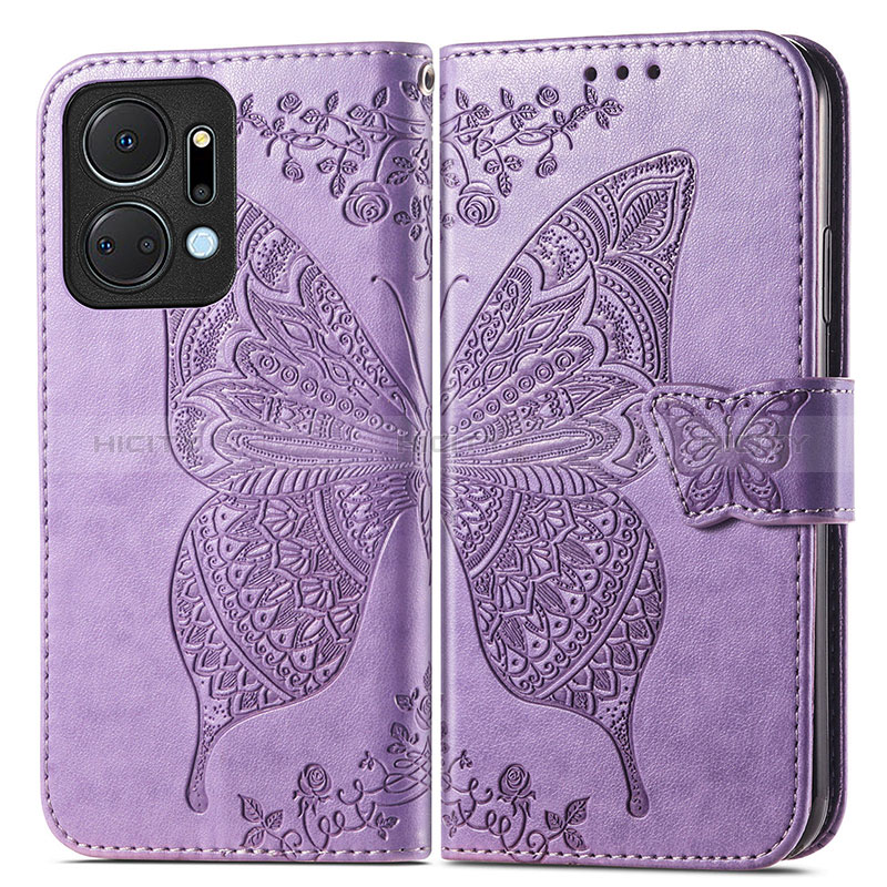 Coque Portefeuille Papillon Livre Cuir Etui Clapet pour Huawei Honor X7a Violet Clair Plus