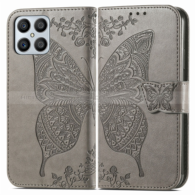 Coque Portefeuille Papillon Livre Cuir Etui Clapet pour Huawei Honor X8 4G Gris Plus