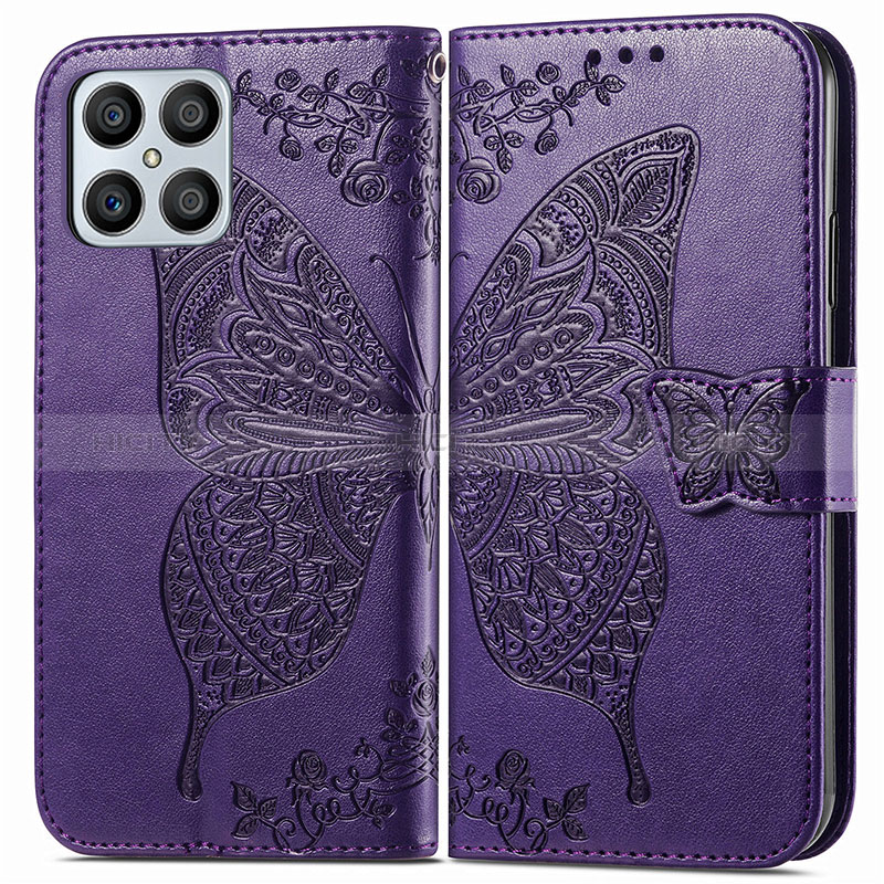 Coque Portefeuille Papillon Livre Cuir Etui Clapet pour Huawei Honor X8 4G Violet Plus