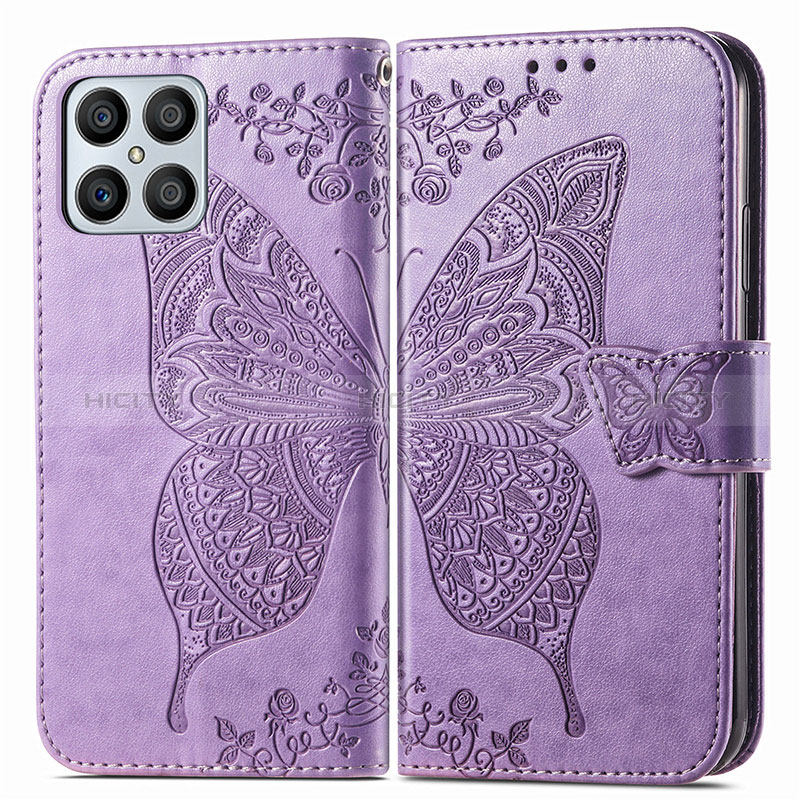 Coque Portefeuille Papillon Livre Cuir Etui Clapet pour Huawei Honor X8 4G Violet Clair Plus