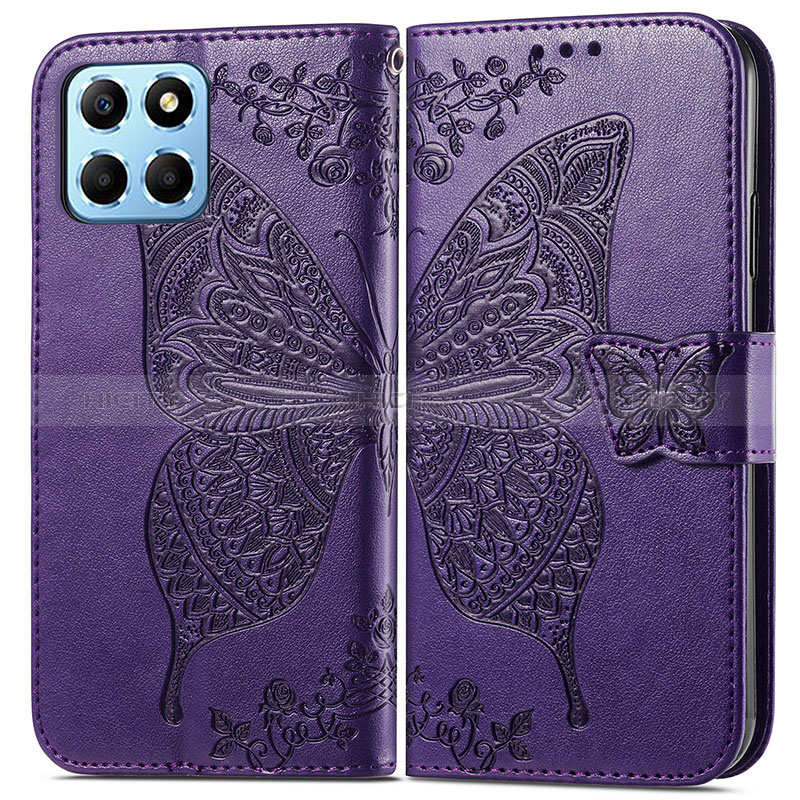 Coque Portefeuille Papillon Livre Cuir Etui Clapet pour Huawei Honor X8 5G Violet Plus