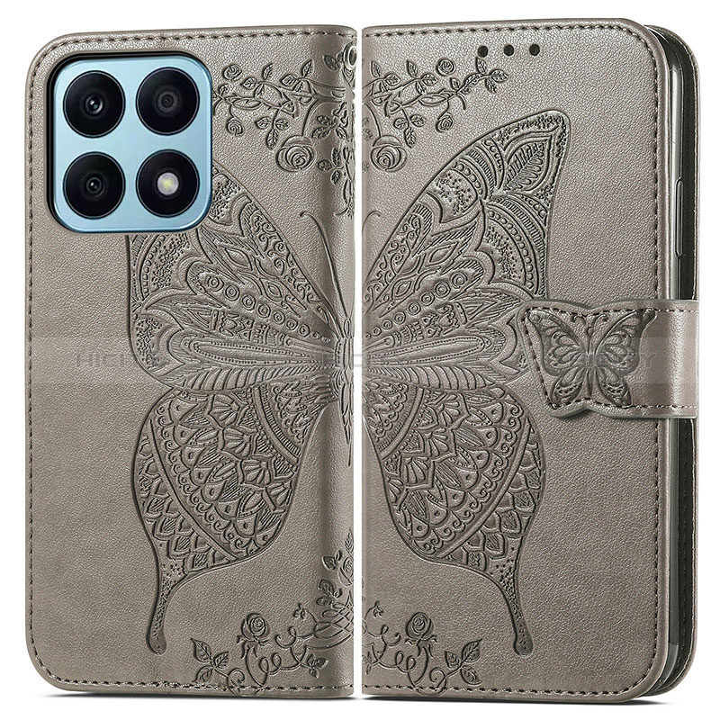 Coque Portefeuille Papillon Livre Cuir Etui Clapet pour Huawei Honor X8a 4G Gris Plus