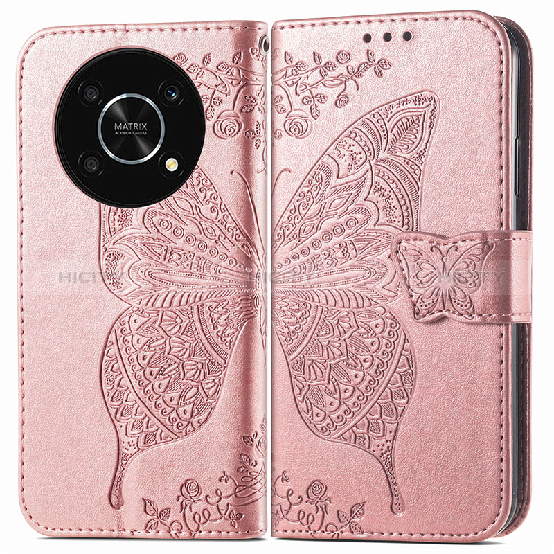 Coque Portefeuille Papillon Livre Cuir Etui Clapet pour Huawei Honor X9 5G Or Rose Plus