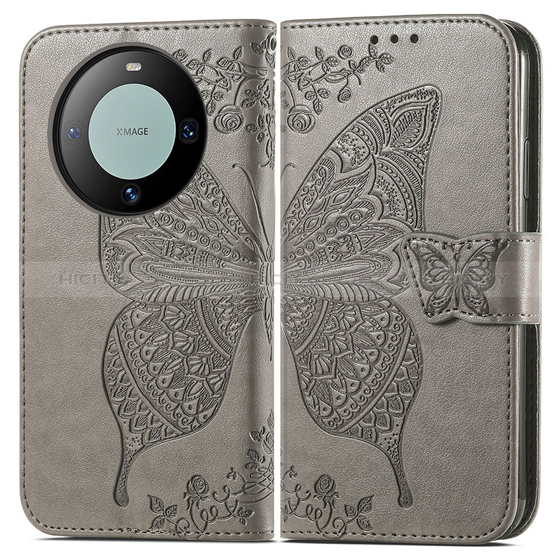 Coque Portefeuille Papillon Livre Cuir Etui Clapet pour Huawei Mate 60 Pro Gris Plus