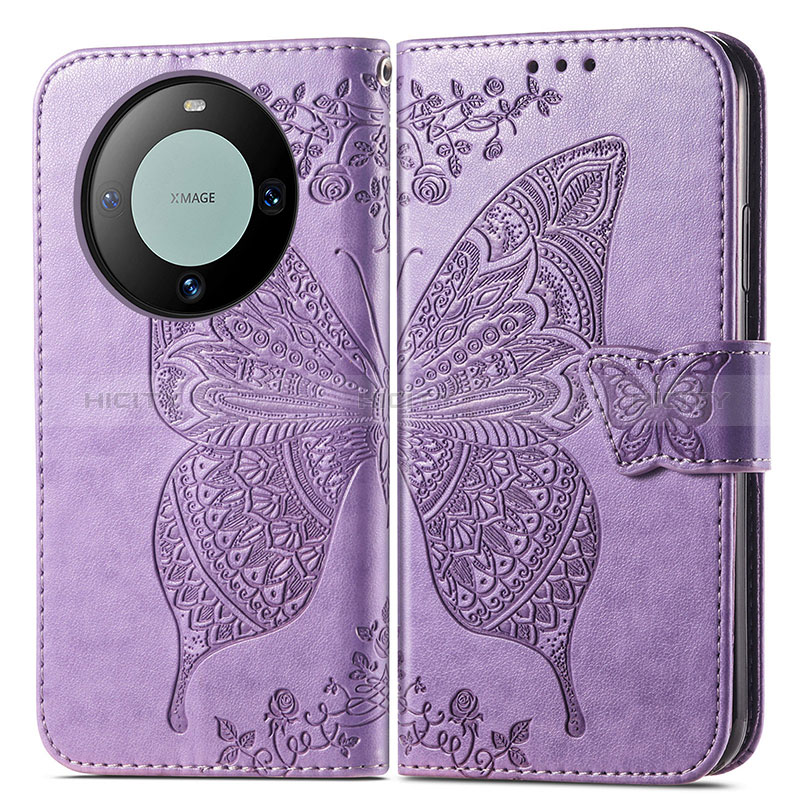 Coque Portefeuille Papillon Livre Cuir Etui Clapet pour Huawei Mate 60 Pro+ Plus Violet Clair Plus