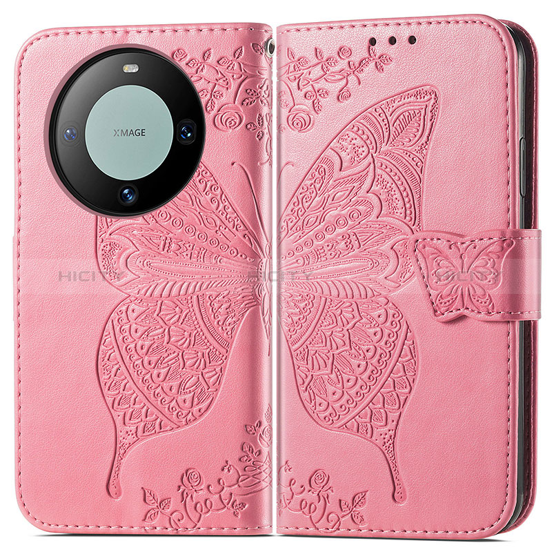 Coque Portefeuille Papillon Livre Cuir Etui Clapet pour Huawei Mate 60 Pro Rose Rouge Plus