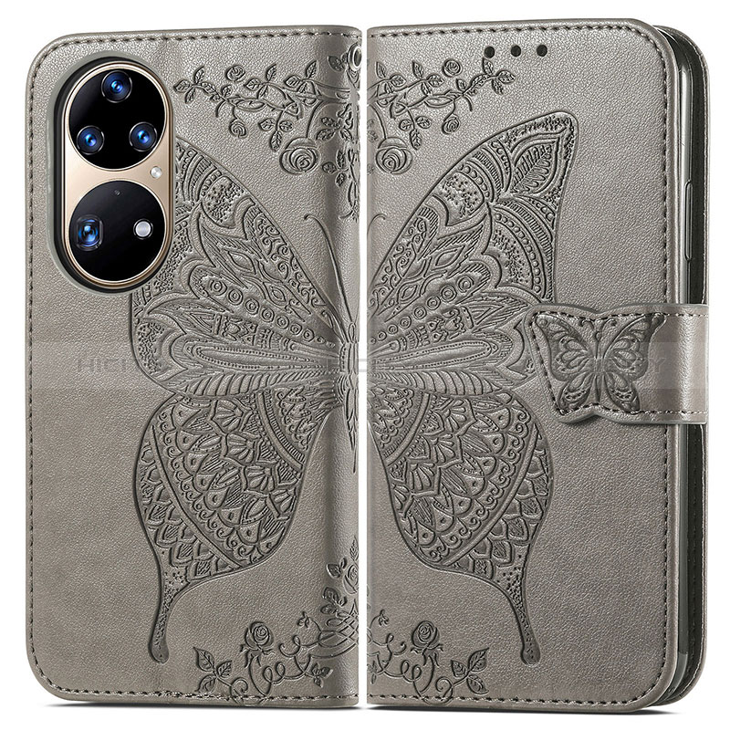 Coque Portefeuille Papillon Livre Cuir Etui Clapet pour Huawei P50 Pro Gris Plus