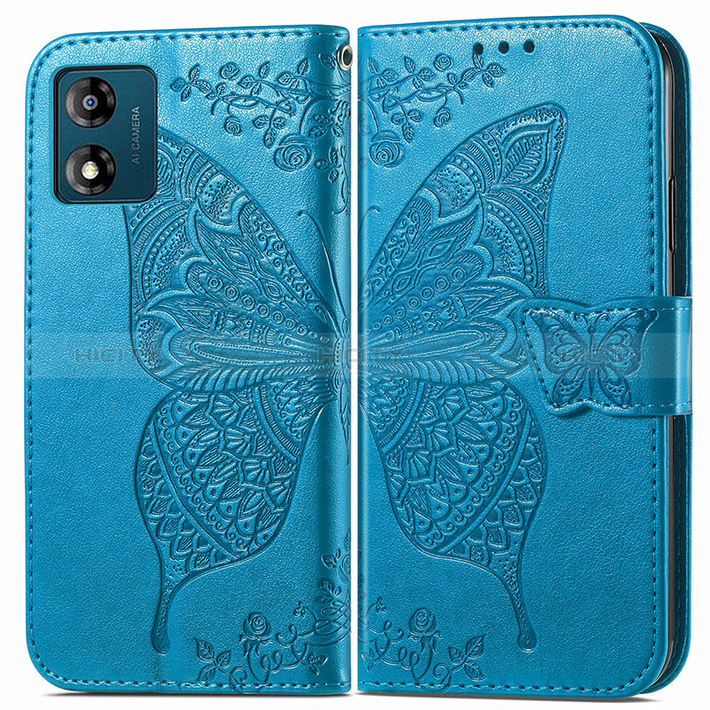 Coque Portefeuille Papillon Livre Cuir Etui Clapet pour Motorola Moto E13 Bleu Plus