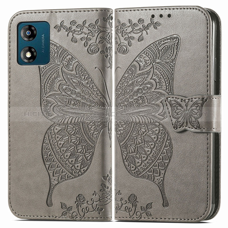 Coque Portefeuille Papillon Livre Cuir Etui Clapet pour Motorola Moto E13 Gris Plus