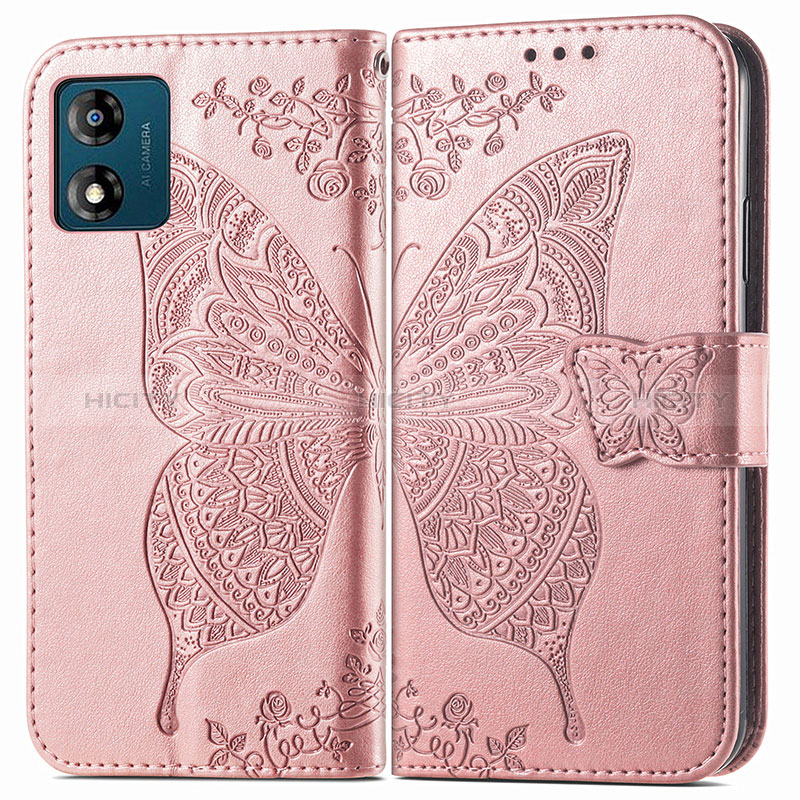 Coque Portefeuille Papillon Livre Cuir Etui Clapet pour Motorola Moto E13 Or Rose Plus