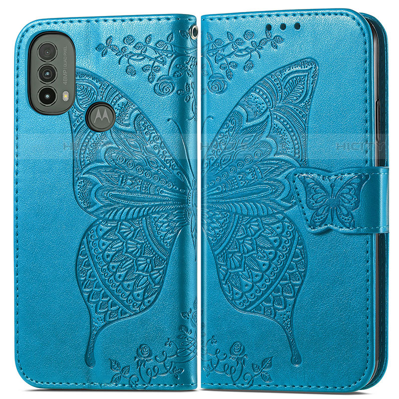 Coque Portefeuille Papillon Livre Cuir Etui Clapet pour Motorola Moto E20 Bleu Plus