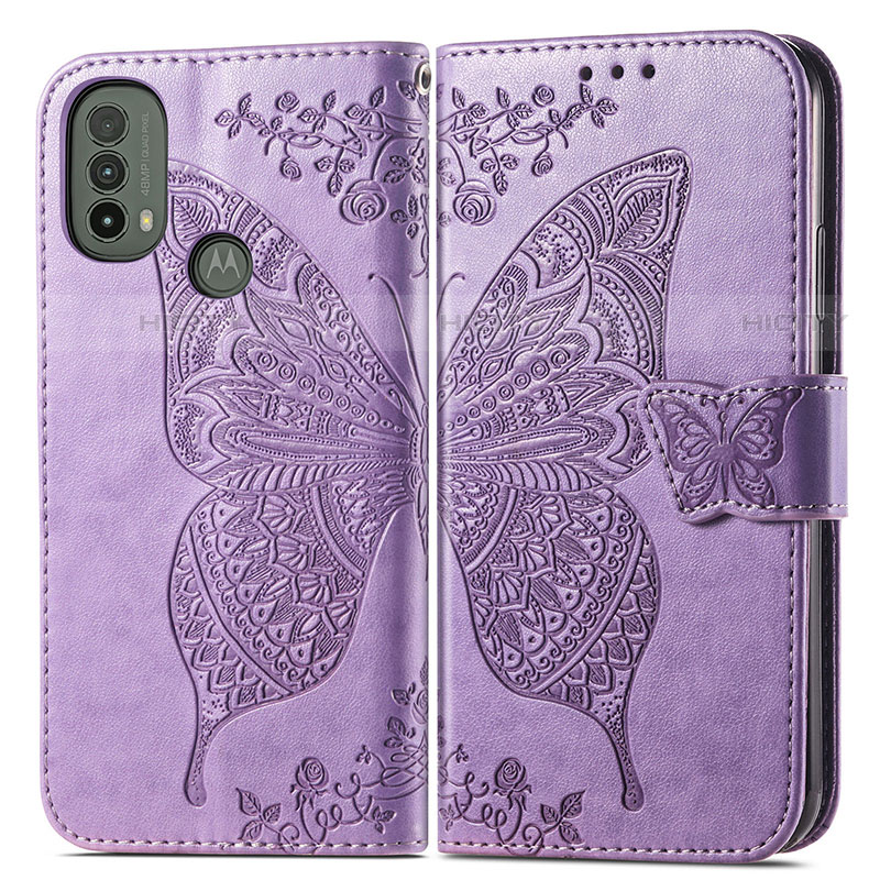Coque Portefeuille Papillon Livre Cuir Etui Clapet pour Motorola Moto E20 Violet Clair Plus