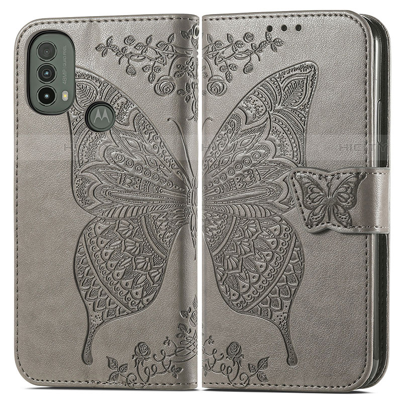 Coque Portefeuille Papillon Livre Cuir Etui Clapet pour Motorola Moto E30 Gris Plus